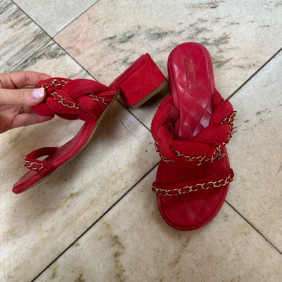 CHANEL Shoes - Red gold chain chain block heel sandals 37.5 7.5